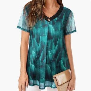 Womens Pleat Stretch Mesh Blouses Short Sleeve Size XL